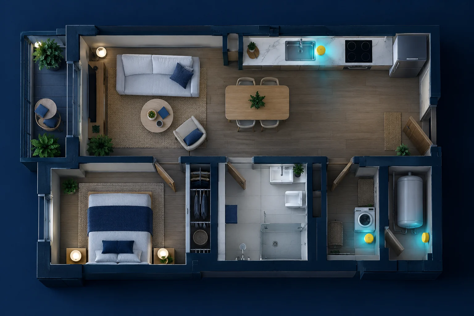 Appartement vu du dessus avec trois zones de vigilance près des points d’eau